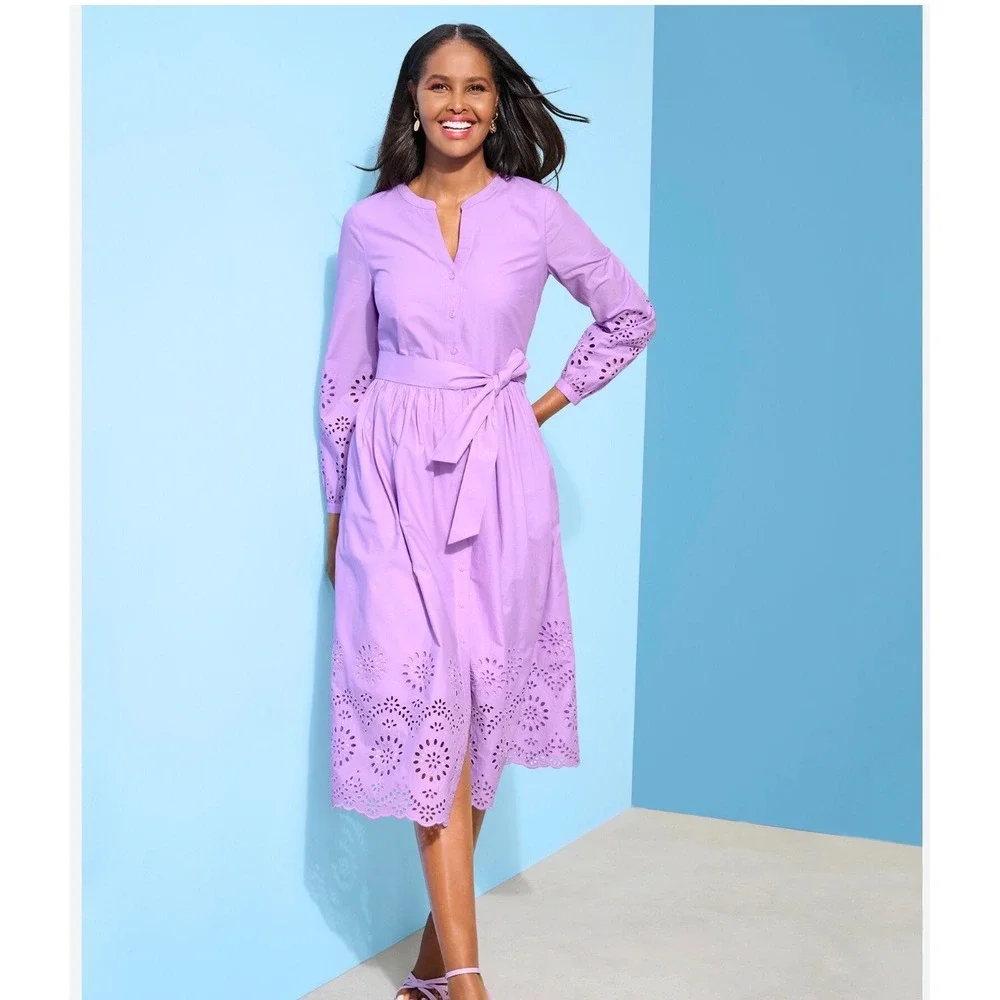 Talbots Purple Cotton Eyelet Midi Shirtdress Lavender boho quiet luxury 14 - Picture 2 of 12